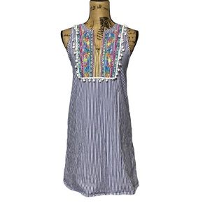Boho Blue White Striped Colorful Embroidery Sleeveless Tunic M